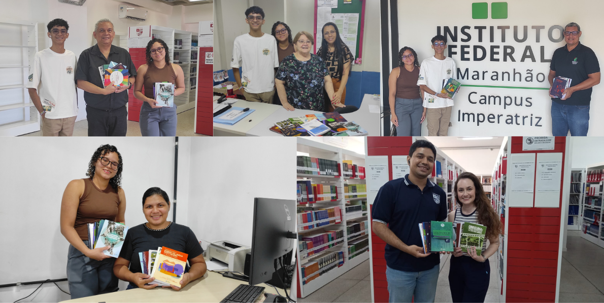 Colagem de fotos da entrega dos livros nas instituições